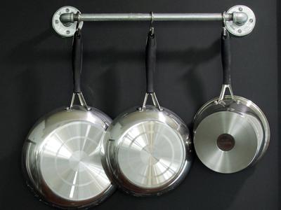 Not that we are losing too much cabinet space, but I want to stay organized. Our laundry is right off the kitchen and I saw this neat idea to hang some of the pots and pans you don't use often. We can hang them in the laundry room where no one will see. 